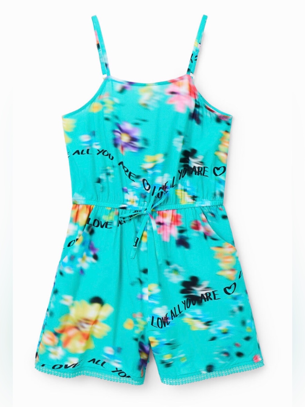 Desigual Girls' Turquoise Floral Tie-Waist Romper size 9-10